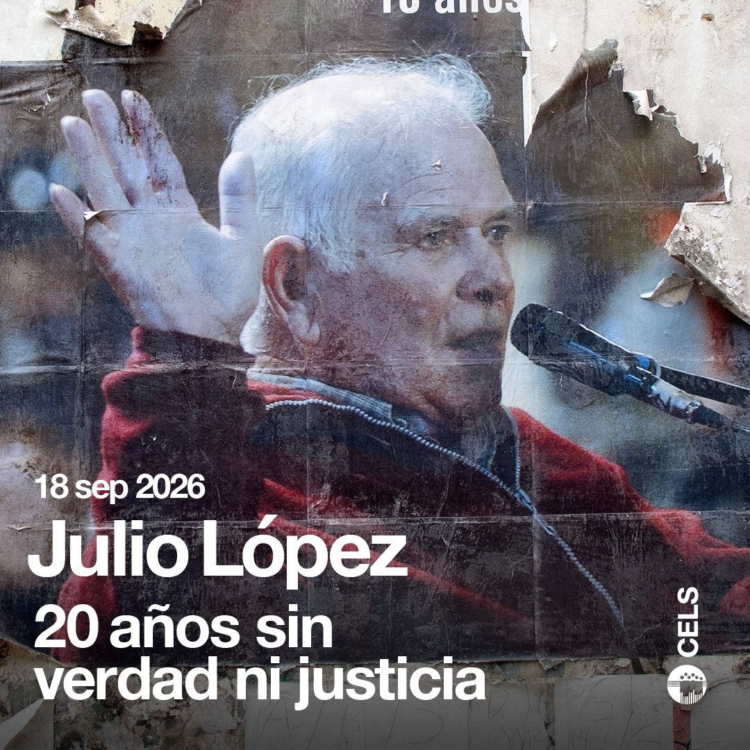 CELS_Argentina's tweet photo. A veinte años de la segunda desaparición de Julio López persisten dos incertidumbres derivadas de la acción estatal: la de sus familiares, amigos y compañeros sobre dónde está y qué pasó, y una incertidumbre política sobre si persisten núcleos represivos clandestinos con capacidad de garantizarse impunidad.
Julio López, presente.

👉https://t.co/8O8UyqevaN