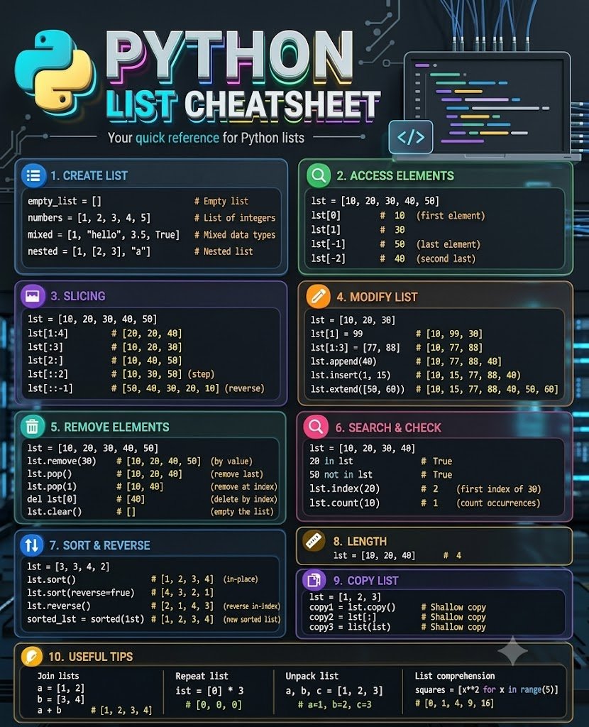PythonCrafted's tweet photo. Python List Cheatsheet https://t.co/PlroMQaQ9a