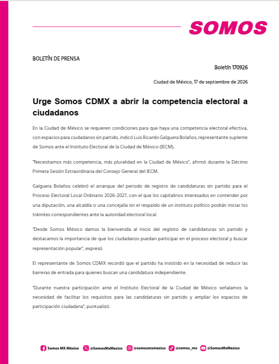 somosmx_cdmx's tweet photo. Hoy arrancó el registro de candidaturas sin partido a alcaldías, diputaciones y concejalías en la CDMX. #SomosCDMX lo celebra porque "La ciudad no es de un gobierno o movimiento; hay muchas voces", señaló su representante ante el IECM, Luis Ricardo Galguera B. #EleccionesMX2027 https://t.co/GwGO09RkuF