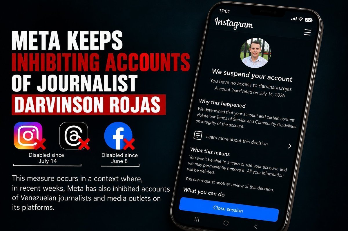 DarvinsonRojas's tweet photo. @mosseri @MetaNewsroom @usembassyve Since July 14, my @Instagram account (https://t.co/evaTNYoIgM) and my Threads account (https://t.co/l4fGSpYjsv) have remained disabled by @Meta. My @Facebook account (https://t.co/XQxIXdHPMw) has been disabled since June 8.

This is happening in a context where other Venezuelan journalists and media outlets have also reported the disabling of their Meta accounts in recent weeks.  When a platform restricts journalists’ access to their audiences, it does not only affect those who practice journalism — it also limits the public’s right to access information.  Freedom of expression, press freedom, and the public’s right to be informed are essential principles of a democratic society.

I urge Meta to review my case, ensure a transparent process, and provide an explanation regarding the decision that continues to keep my accounts disabled.