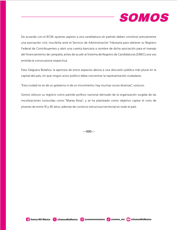 somosmx_cdmx's tweet photo. Hoy arrancó el registro de candidaturas sin partido a alcaldías, diputaciones y concejalías en la CDMX. #SomosCDMX lo celebra porque "La ciudad no es de un gobierno o movimiento; hay muchas voces", señaló su representante ante el IECM, Luis Ricardo Galguera B. #EleccionesMX2027 https://t.co/GwGO09RkuF