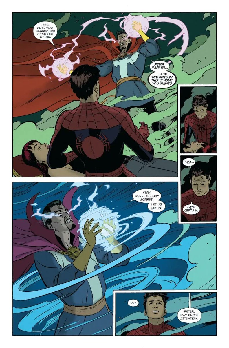 FenrirOdi's tweet photo. @ultranger_david @Drycanister Because it wasn't. It's the MCU's version of One Moment in Time, the comic storyline where Peter asks Dr Strange to use his magic to erase all knowledge of his identity as Spider-Man from the public to protect the wellbeing of his family and friends. https://t.co/TXZPaDtGhr