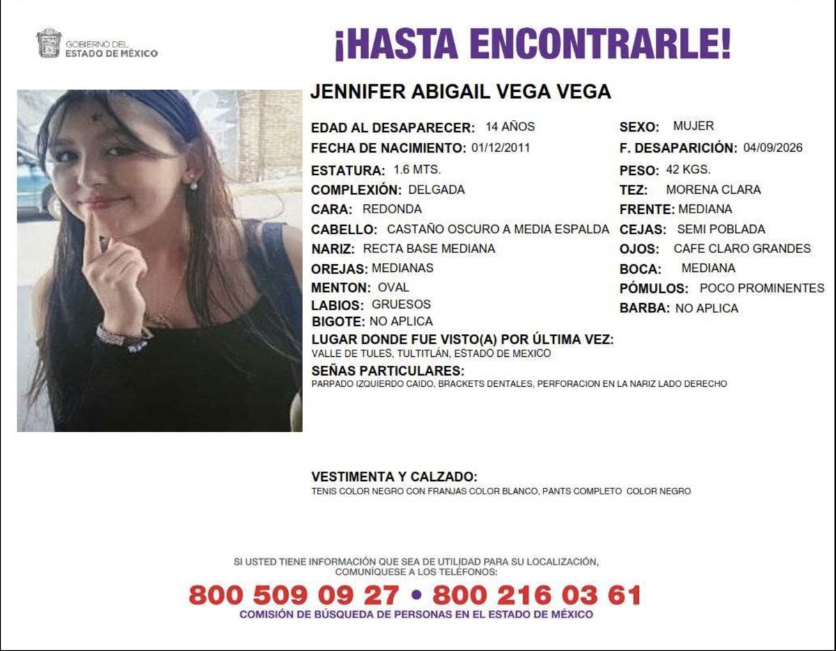 ReporteMxNotic1's tweet photo. Se busca a Jennifer Abigail Vega Vega,m desaparecida el 04 de septiembre de 2026 en el municipio de Tultitlán, Estado de México
#HastaEncontrarla @FiscaliaEdomex @FGRMexico @SSPCMexico
https://t.co/ovUXaA1Znm https://t.co/rNJaYhLHTm