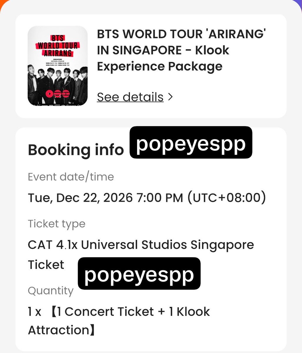 popeyespp's tweet photo. ปล่อยบัตร BTS ที่สิงคโปร์
 22 Dec 2026

CAT 4 + Universal สุ่มโซน
ไม่บวกไม่อัพค่ะ ยกแอคให้เลย

#ตลาดนัดบังทัน 
#BTS_WORLDTOUR_SINGAPORE 
#BTS 
#BTS_WORLDTOUR_ARİRANG https://t.co/c31MtsB0mK