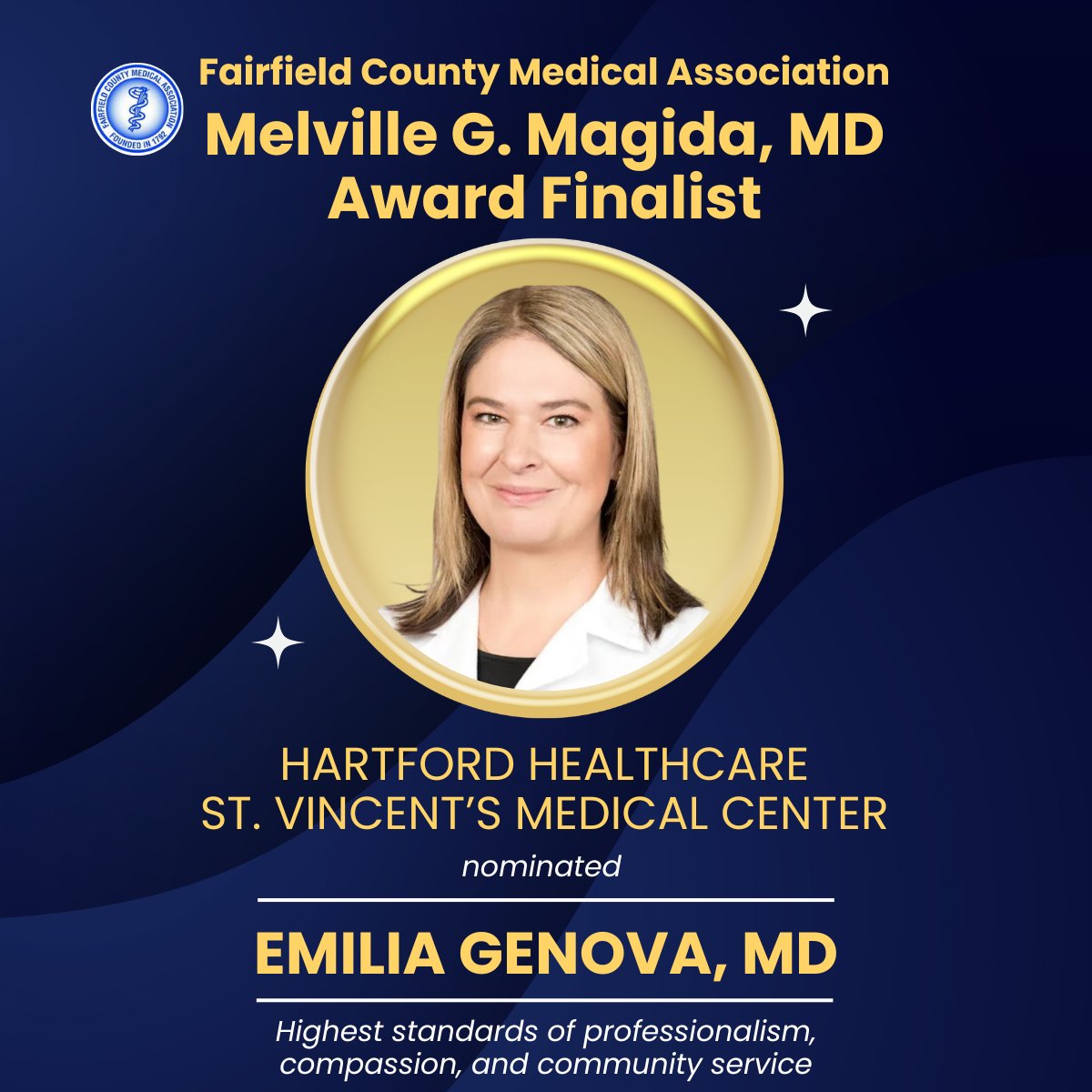 FCMedicalAssn's tweet photo. Congratulations to Emilia Genova, MD, FACS, selected by @HartfordHealthC  St. Vincent’s Medical Center as its nominee for FCMA 2026 Melville G. Magida, MD Award. She exemplifies clinical excellence, compassion, integrity and a deep commitment to patients. https://t.co/9tRJUpLvhY https://t.co/xCIyT326C7