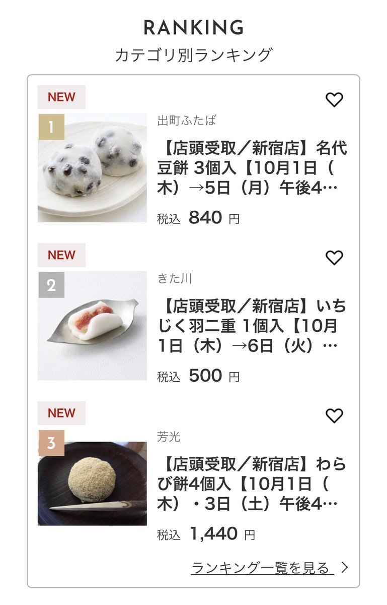 wagashibuyer's tweet photo. #和菓子魂　#ワガタマ

さあ、先ほど午前10時から、#新宿高島屋 で開催される和菓子の祭典「和菓子魂」の #京都航空便 と #名古屋直行便 のオンライン予約が始まりました。

さすがにいつもの販売とは比べものにならない数量をご用意してますため、今回はたくさんのお客様に楽しんで頂けそうです。（と思ったら、次々に完売が出てきた…すみません）

まあ、出町ふたばさんだって、いつもの総数3倍以上、芳光さんだってかなりの数ですが、もう完売が次々に出ていて、驚きの連続‼️

なお、お渡し会場は、11階のお渡しカウンターになりますので、ご注意ください。

【京都航空便】
出町ふたば　「名代豆餅」
今西軒　「おはぎ」（三色）
鳴海餅本店　「栗赤飯」
嘯　月　「季節の生菓子」
聚　洸　「季節の生菓子」

【名古屋直行便】
芳　光　「わらび餅」
むらさきや　「水ようかん」
むらさきや　「栗蒸し羊羹」
きた川　「いちじく羽二重」

https://t.co/eu4mbzOvHN