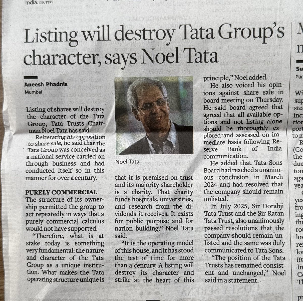 iamrakeshbansal's tweet photo. Tata Trusts Chairman Noel Tata says listing Tata Sons will destroy the group’s unique character built over 100 years. The group was created for national service, not just profit. Majority owner is a charity that funds hospitals, universities and research from dividends.
Tata Sons board and Trusts have unanimously decided it should remain unlisted. All options will now be explored after RBI communication.
https://t.co/yyVlVGZPDl