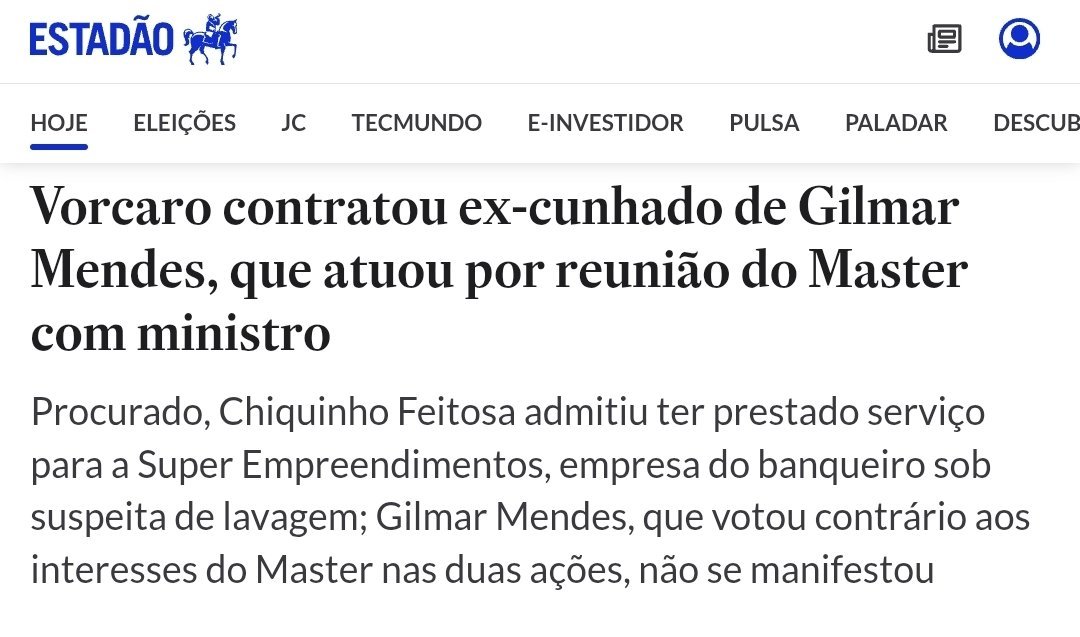 GarraLibertaria's tweet photo. 🚨 VORCARO PAGAVA R$ 500 MIL POR MÊS AO ENTÃO CUNHADO DE GILMAR, QUE AINDA INTERMEDIOU REUNIÃO DO BANQUEIRO COM O MINISTRO NO STF

Chiquinho Feitosa, então cunhado de Gilmar Mendes, tinha contrato de aproximadamente R$ 500 mil MENSAIS com Vorcaro.

E segundo a apuração, foi Chiquinho quem intermediou uma reunião entre Vorcaro e Gilmar dentro do STF para discutir uma causa bilionária na qual o Master tinha interesse.

Mas puta merda, olha a quantidade de coincidência que precisa ser explicada nesse caso.

Primeiro aparece ex-diretora do IDP recebendo R$ 33 milhões e sendo descrita dentro do Master como “canal direto com o STF”.

Agora aparece o então cunhado de Gilmar recebendo meio milhão por mês de Vorcaro e levando Vorcaro para conversar com Gilmar no Supremo.

E uma semana atrás, quando começaram a falar dessa relação, Gilmar respondeu:

“Ou você mata ou morre.”

Calma, ministro.

Por enquanto a gente só queria saber para que serviam os R$ 500 mil por mês.