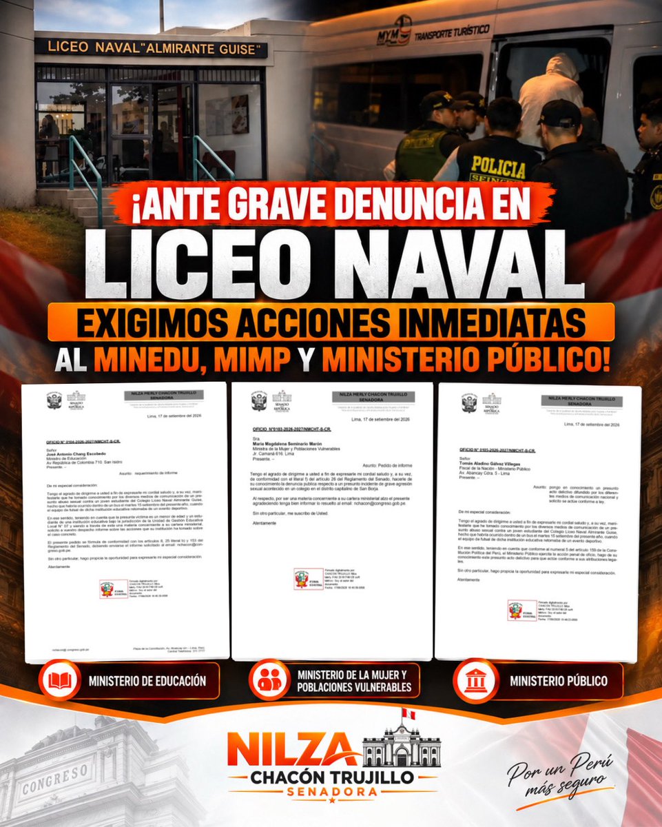 NilzaChaconT's tweet photo. ¡𝐀𝐍𝐓𝐄 𝐆𝐑𝐀𝐕𝐄 𝐃𝐄𝐍𝐔𝐍𝐂𝐈𝐀 𝐄𝐍 𝐋𝐈𝐂𝐄𝐎 𝐍𝐀𝐕𝐀𝐋 𝐄𝐗𝐈𝐆𝐈𝐌𝐎𝐒 𝐀𝐂𝐂𝐈𝐎𝐍𝐄𝐒 𝐈𝐍𝐌𝐄𝐃𝐈𝐀𝐓𝐀𝐒 𝐀𝐋 𝐌𝐈𝐍𝐄𝐃𝐔, 𝐌𝐈𝐌𝐏 𝐘 𝐀𝐋 𝐌𝐈𝐍𝐈𝐒𝐓𝐄𝐑𝐈𝐎 𝐏Ú𝐁𝐋𝐈𝐂𝐎! 

#ProtecciónDeLaNiñez #EducaciónSegura #Fiscalización #SenadoDeLaRepública #Perú https://t.co/PGtPxqscPw
