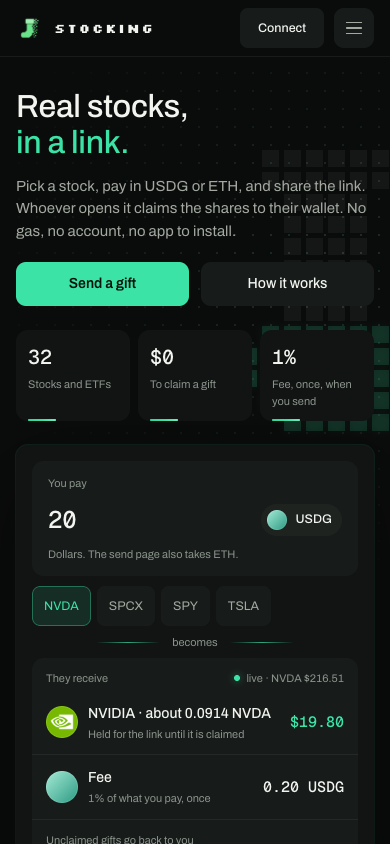 GetStocking's tweet photo. Morning. If you missed launch day, here is the whole thing in one screen.
Pick a stock, pay in USDG or ETH, share a link. Whoever opens it claims real shares to their wallet, with no gas and no account.
https://t.co/S1ohsDbjwT https://t.co/epMqGPbzam