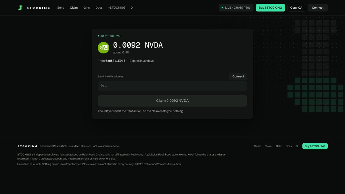 GetStocking's tweet photo. Start to finish: open the link, paste a wallet address, click Claim. The relayer submits the transaction and pays the gas. The shares land in the wallet you named, and the page offers to add the token to your wallet.
https://t.co/S1ohsDaLHl https://t.co/D2vLS4iupW