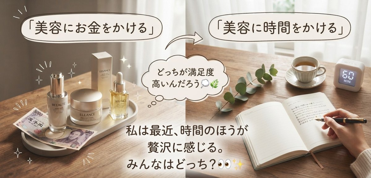AIguts1's tweet photo. 「美容にお金をかける」のと
「美容に時間をかける」のって
どっちが満足度高いんだろう💭🌿
私は最近、時間のほうが贅沢に感じる。
みんなはどっち？👀✨
#美容好き #美容垢 #自分磨き https://t.co/qQAjB2U4He
