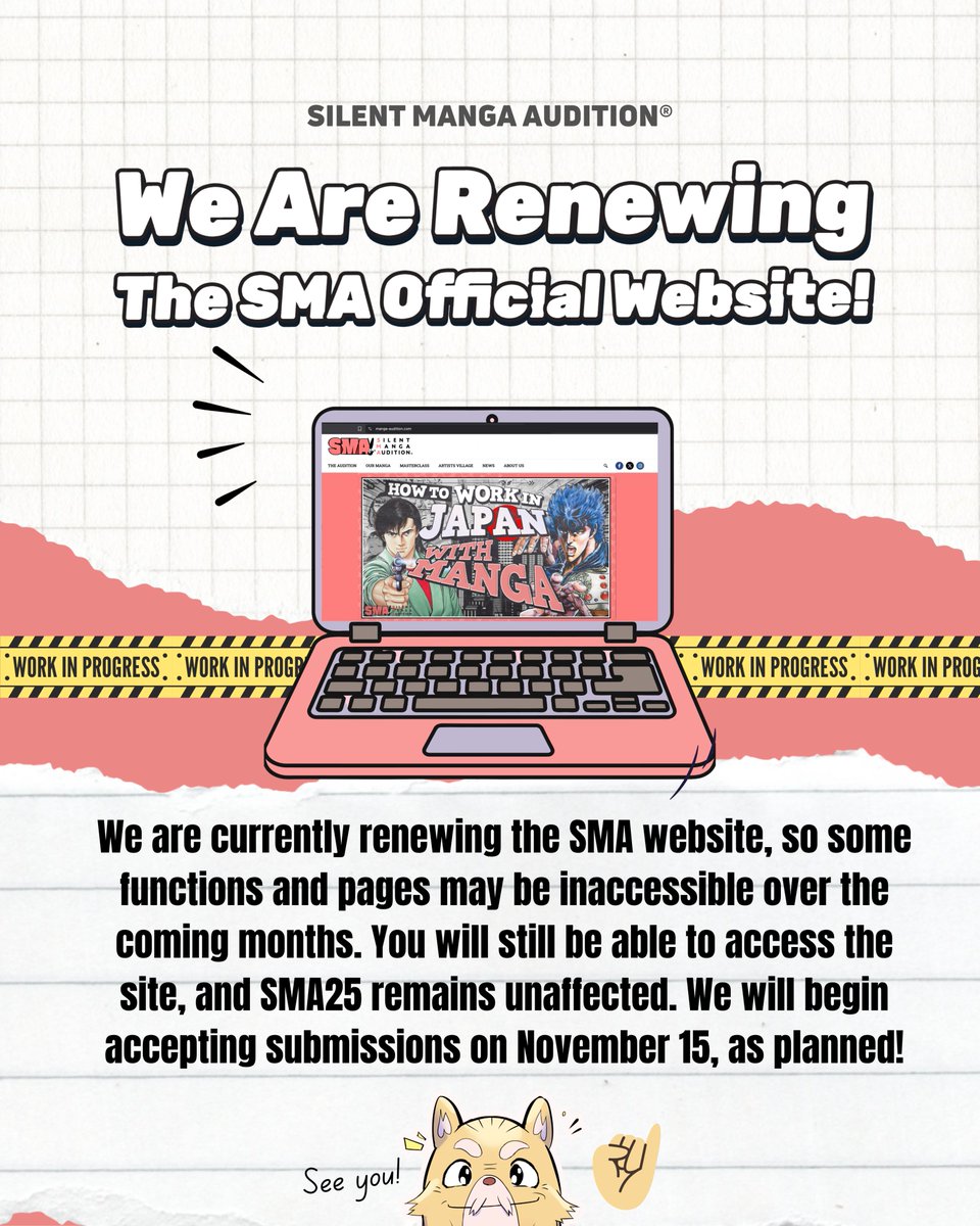 SilentMangaComm's tweet photo. We are renewing the SMA Official Website!🔥
The SMA25 remains unaffected, and we will begin accepting submissions on November 15, as planned! ✨
#SilentMangaAudition #SMA25 https://t.co/E9wc3A04km
