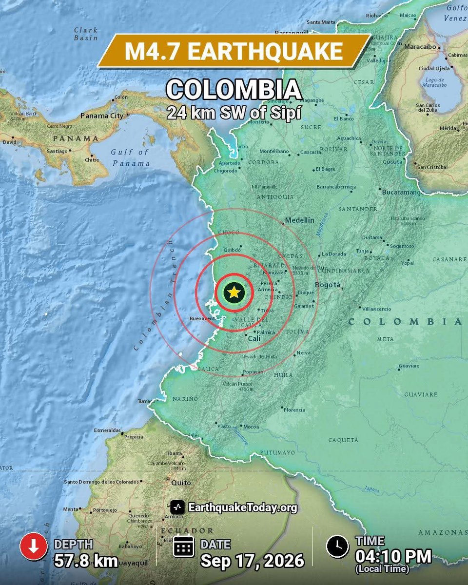 Earthquake2day's tweet photo. Update on the seismic activity near 24 km (15 mi) SW of Sipí, Colombia: We just recorded a M4.70 earthquake.

It was at a depth of 57.8 km. Stay safe if you are in the region.

#earthquake #EarthquakeUpdate #Colombia https://t.co/fUThg70Slr