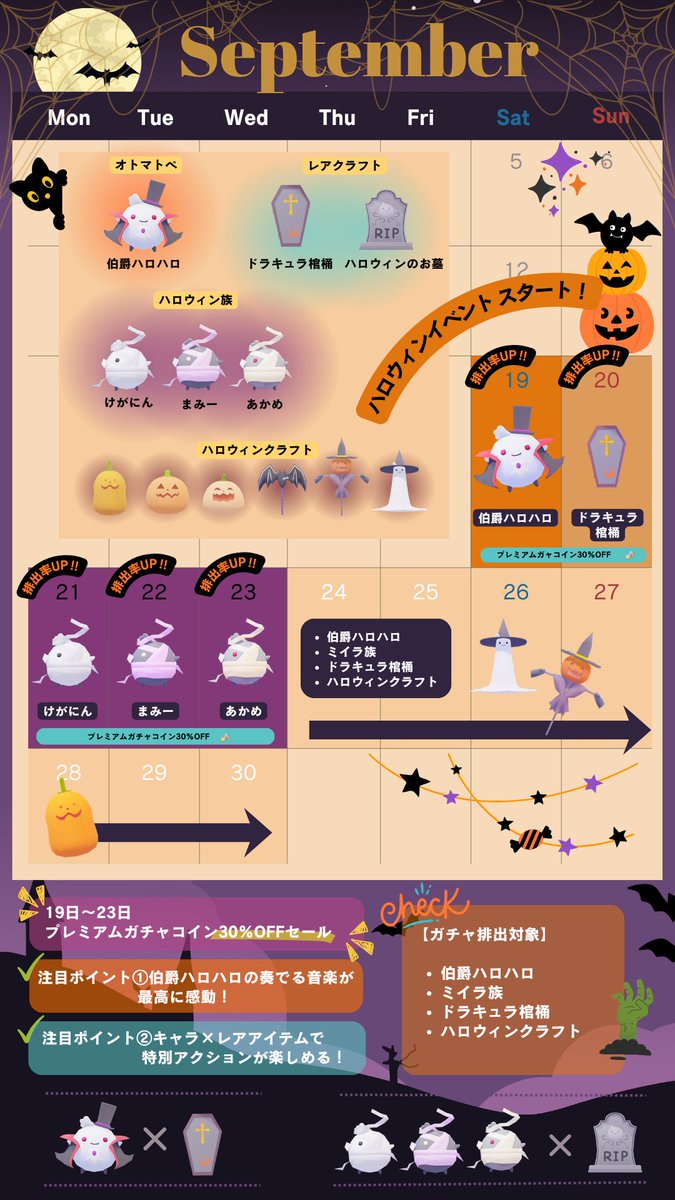 onomatopia_jp's tweet photo. いよいよ、イベント開始前の最後のお知らせです🎃
オノマトピア初のハロウィンイベント開催を記念して、シルバーウィーク期間中の9月19日〜23日、プレミアムガチャコインを30％OFFで販売することが決定しました！
さらに、10月10日〜12日にも、同じ30％OFFセールを開催します。
新しいキャラクターやクラフトと一緒に、オノマトピアならではのハロウィンを楽しんでいただけたらうれしいです。
それでは皆さん、Happy Halloween！
どうぞ素敵な連休をお過ごしください♪

Here is our final announcement before the Halloween event begins!🎃
To celebrate ONOMATOPIA’s very first Halloween event, Premium Gacha Coins will be available at 30% off during Japan’s Silver Week holiday, from September 19 to 23!
The same 30% off sale will also return from October 10 to 12.
We hope you’ll enjoy ONOMATOPIA’s unique take on Halloween together with all the new characters and craft items!
Happy Halloween, everyone!
Have a wonderful holiday break!

#オノマトピア #onomatopia