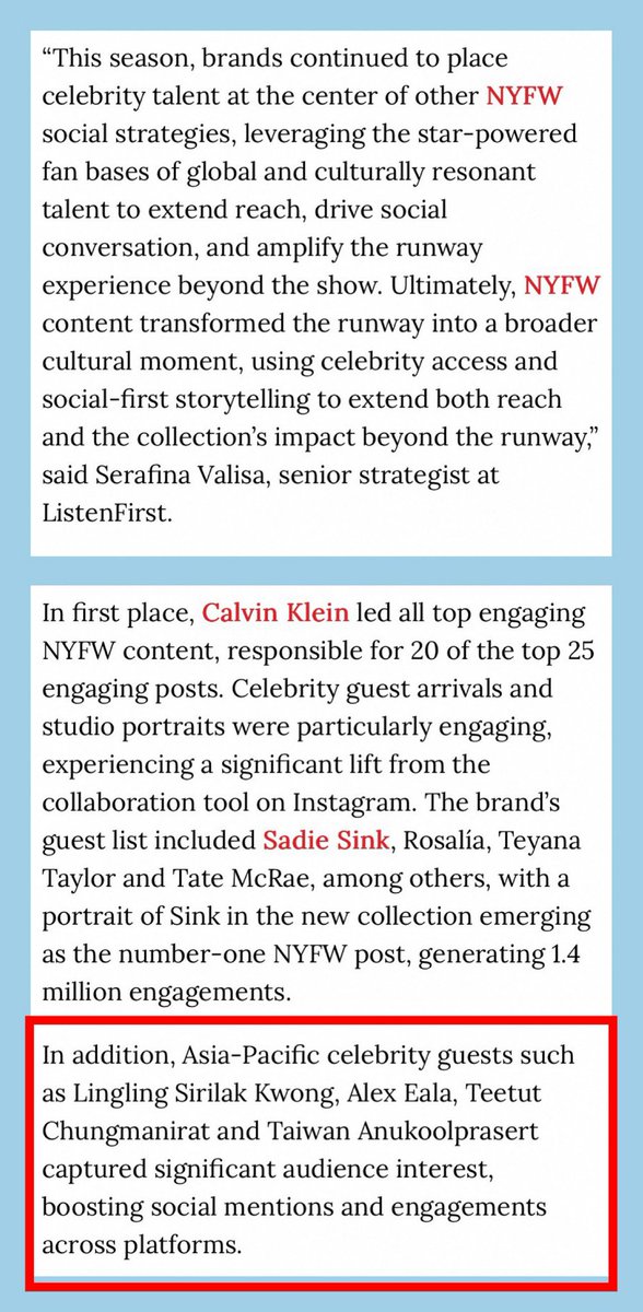JaoKwamRak_ID's tweet photo. Calvin Klein (@CalvinKlein) tidak hanya menempati posisi teratas di NYFW Spring ’27 dengan skor engagement sebesar 15,3 juta (+552%),

tetapi analisis oleh ListenFirst juga menyoroti Lingling Kwong (@linglingsirilak)—tamu penting dari kawasan Asia-Pasifik—atas perannya dalam memicu minat serta meningkatkan penyebutan (mentions) dan engagement merek tersebut di media sosial.

#LinglingkwongxCalvinklein
#CalvinKleinSS27  
#Calvinklein #LinglingKwong