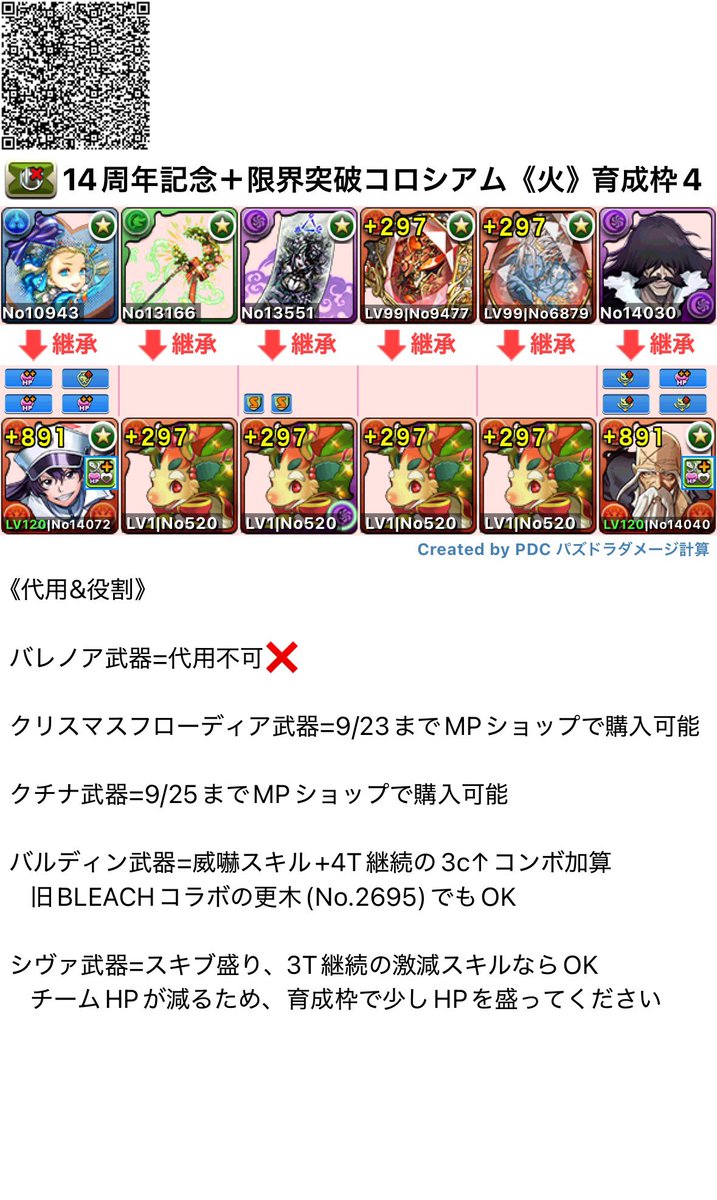YP_Pad_Hensei's tweet photo. 14周年記念+限界突破コロシアム!
【火属性のみ】 バンビエッタ  育成枠4
プラマラ編成  1周3:30(高速モード)
編成難易度を下げつつ、自由枠の条件を前の編成から緩和しました

補足あった場合はリプで追記します
#パズドラ https://t.co/z8JGM5IdNS