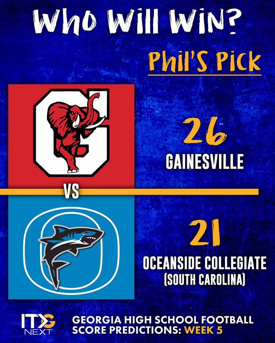 itgnext_georgia's tweet photo. Gainesville faces another tough interstate test as the Red Elephants take on South Carolina power Oceanside Collegiate Academy. 🐘🆚🦈

Phil has Gainesville winning 26-21 and thinks quarterback play could decide this Week 5 matchup. 🏈👀

Hit the link to see the full game breakdown and all of Phil’s Pick 6 predictions! ⬇️🔗
https://t.co/X61pSURGcT