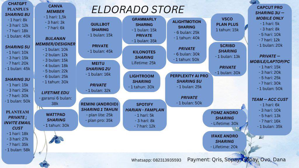 eldoradostore_'s tweet photo. pricelist app prem by el’s 🌷

#zonauang #zonaba https://t.co/REZ4wMB7jf