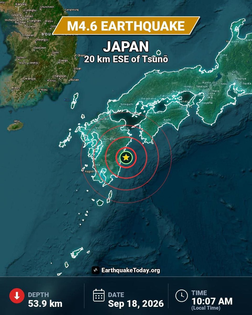 Earthquake2day's tweet photo. Just in: A magnitude 4.60 earthquake occurred near 20 km (12 mi) ESE of Tsunō, Japan.

Depth: 53.9 km
Time: September 18, 2026 10:07 AM (Local Time)

If you are in the area, feel free to share your experience below.

#earthquake #EarthquakeUpdate #Japan https://t.co/RfMWCgcDka