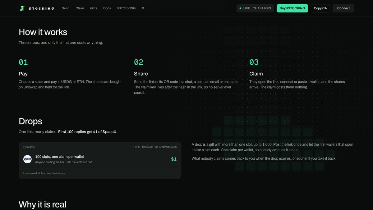 GetStocking's tweet photo. Running a community? Make one drop link with 100 slots of $1 SpaceX and pin it. The first 100 wallets to open it each take a slot, and nobody can take two. What is left after the expiry comes back to you.
https://t.co/VtZ87ozaFl https://t.co/BWsN6FZQsO