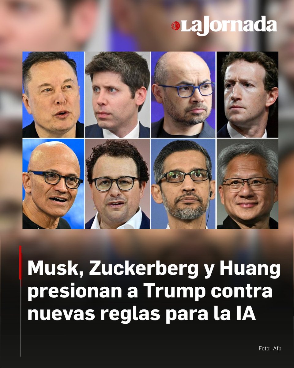 lajornadaonline's tweet photo. En las últimas semanas, Elon Musk, el director ejecutivo de Meta, Mark Zuckerberg, y Jensen Huang, de Nvidia, se pusieron en contacto directamente con Trump para expresar su preocupación por la propuesta de supervisión de la industria de la IA.

Sobre esto, Trump ha compartido opiniones sobre la regulación de la IA en su plataforma Truth Social tratando dichos temores como un "engaño" de "traidores" a los EU; y que cualquier posible ralentización podría dar a China ventaja en la carrera por la inteligencia artificial.

Lee la nota: https://t.co/X2zeCmKbUz