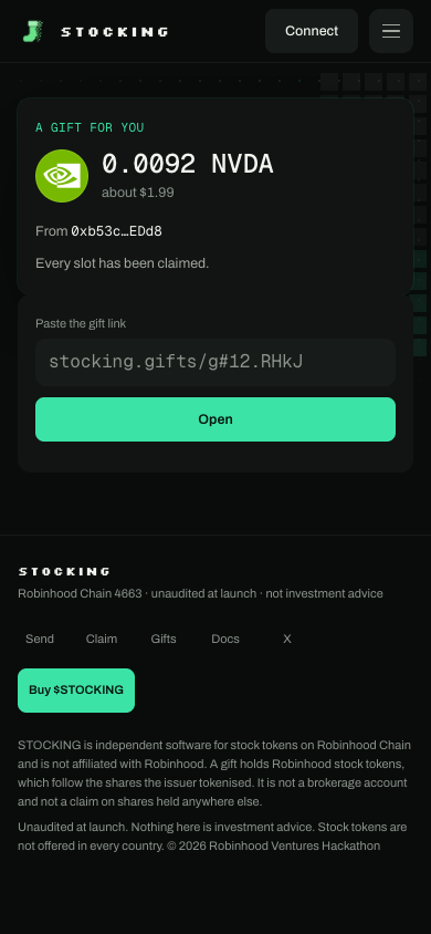 GetStocking's tweet photo. The claim screen on a phone: the stock, the amount, the sender, one button. It is a normal web page, so it also works in the browser inside your wallet app.
https://t.co/S1ohsDbjwT https://t.co/RyZc88ijF9