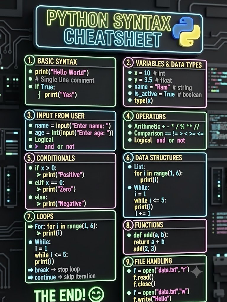 ThePythonDailyz's tweet photo. Python Syntax Cheatsheet https://t.co/jw8teD4XKv