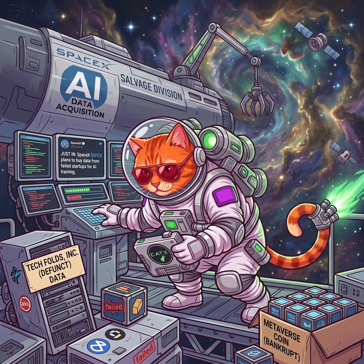 TheCosmoCatX's tweet photo. Training the world's most advanced AI on 10,000 terabytes of failed 'Uber for Dogs' pitch decks and bankrupt Metaverse real estate. 

What could possibly go wrong? 😸🌌 $CATX $SPCX https://t.co/rlUOWQtRFc