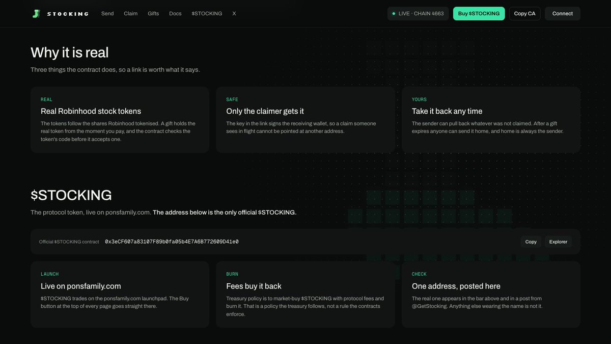 GetStocking's tweet photo. Why it is real, in three lines from the home page: the tokens follow the shares Robinhood tokenised, the claim key signs the receiving wallet, and the sender can take back anything unclaimed. All three are enforced by the contract, not by us.
https://t.co/S1ohsDbjwT https://t.co/HCPXVd8xE7