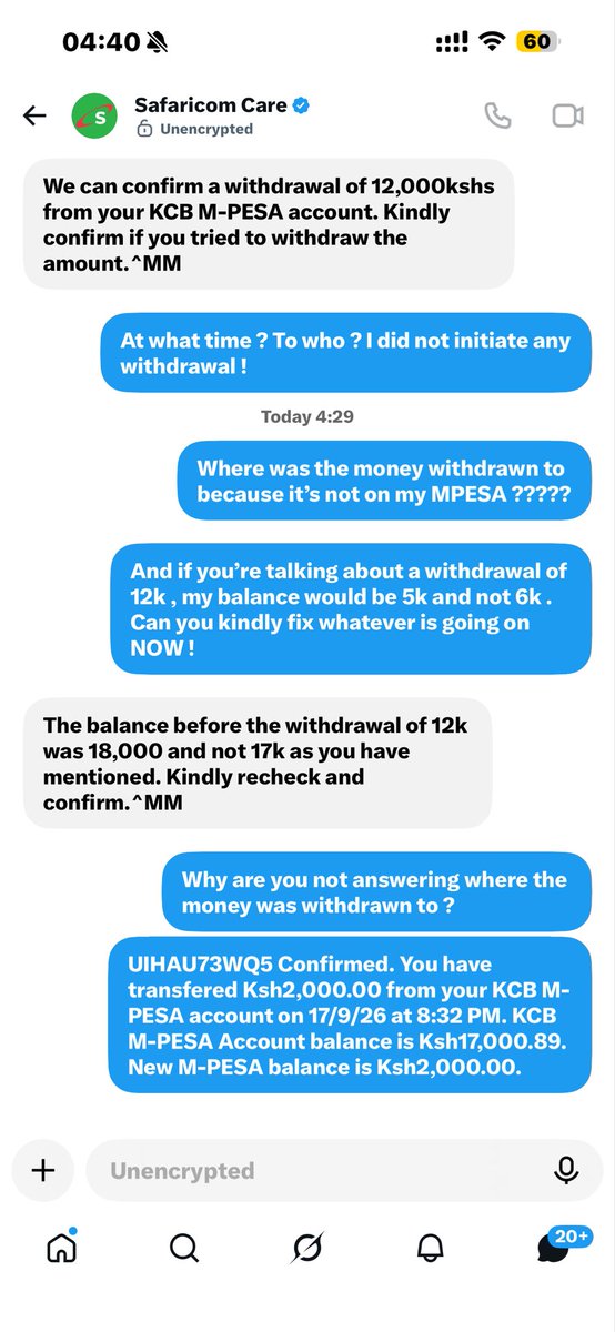 MissGatheca's tweet photo. It’s either an issue with the system @SafaricomPLC @SafaricomPLC or they employ thieves . Please read these screenshots !! What a way to ruin my morning https://t.co/ofhJT4UH5E