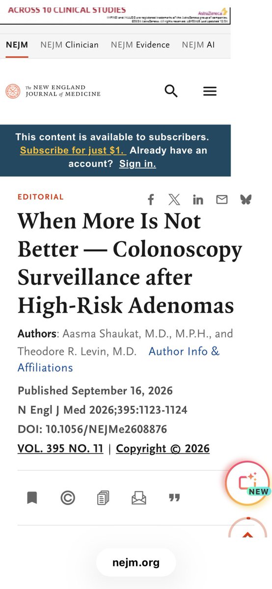 AasmaShaukatMD's tweet photo. in @nejm 👀the interim results of the European Polyp Study (EPOS II) comparing 3 vs 5 yr colonoscopy after high risk polyp removal:

▶️Risk of CRC low in both groups 

▶️No difference in cancer risk in 3 vs 5 year surveillance 

👀 our Editorial for details and implications👇🏼👇🏼👇🏼 https://t.co/xca0qFbpF2