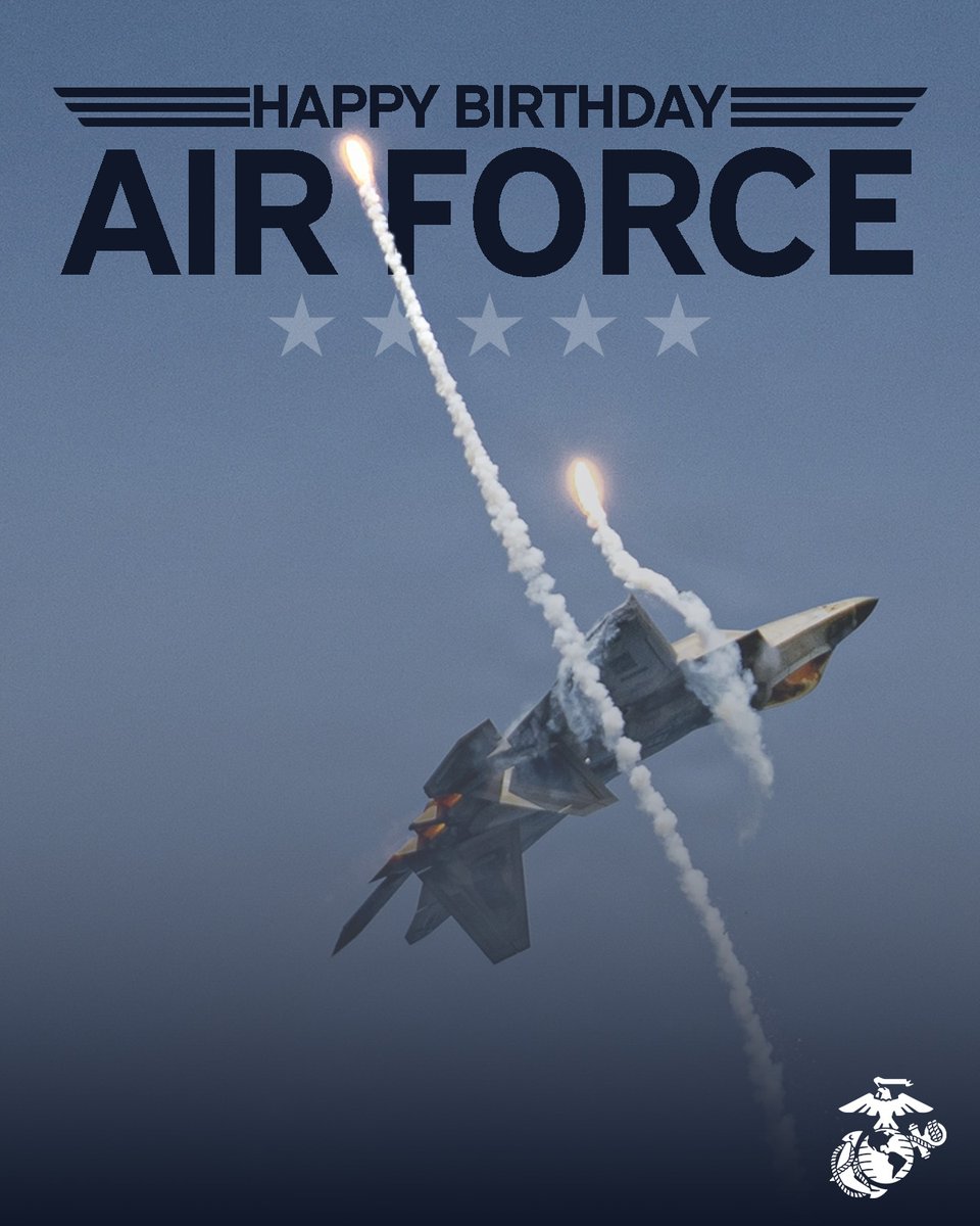 USMC's tweet photo. Happy 79th Birthday, @usairforce! 

Since 1947, the #AirForce has flown, fought, and won – delivering airpower anytime, anywhere.  

From transporting #Marines in the C-17 to providing close air support with A-10s, here’s to many more years of #AirPower. 

Semper Fidelis 

#SemperFi #AirForce #USAF #USMC