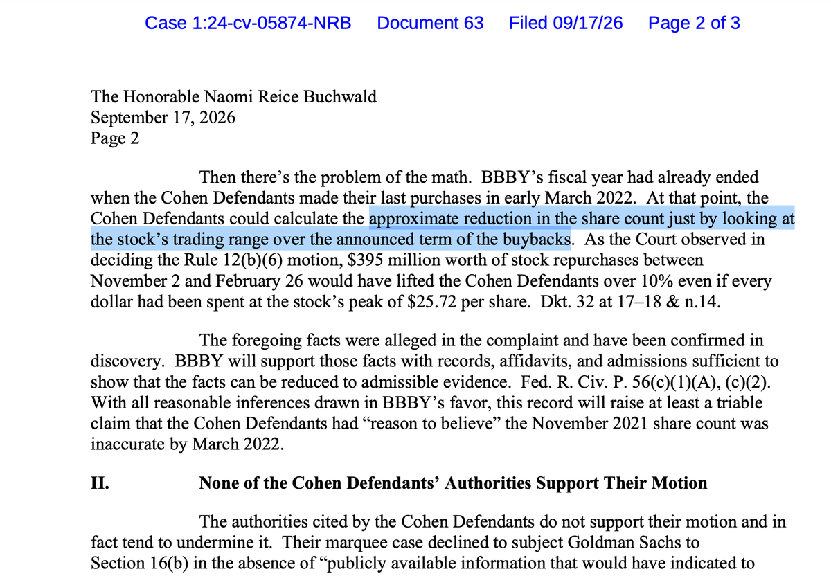 dirtevader's tweet photo. Attorney Hunter should be dismissed, with prejudice. This might be the weakest attempt at an argument that has ever been made.

This statement is a fantasy.

"At that point, the Cohen Defendants could calculate the approximate reduction in the share count just by looking at the stock’s trading range over the announced term of the buybacks"

And if Mark Twitton would have given RC that information, which he didn't, that would be Material Non-Public Information.
https://t.co/VDADqooXky