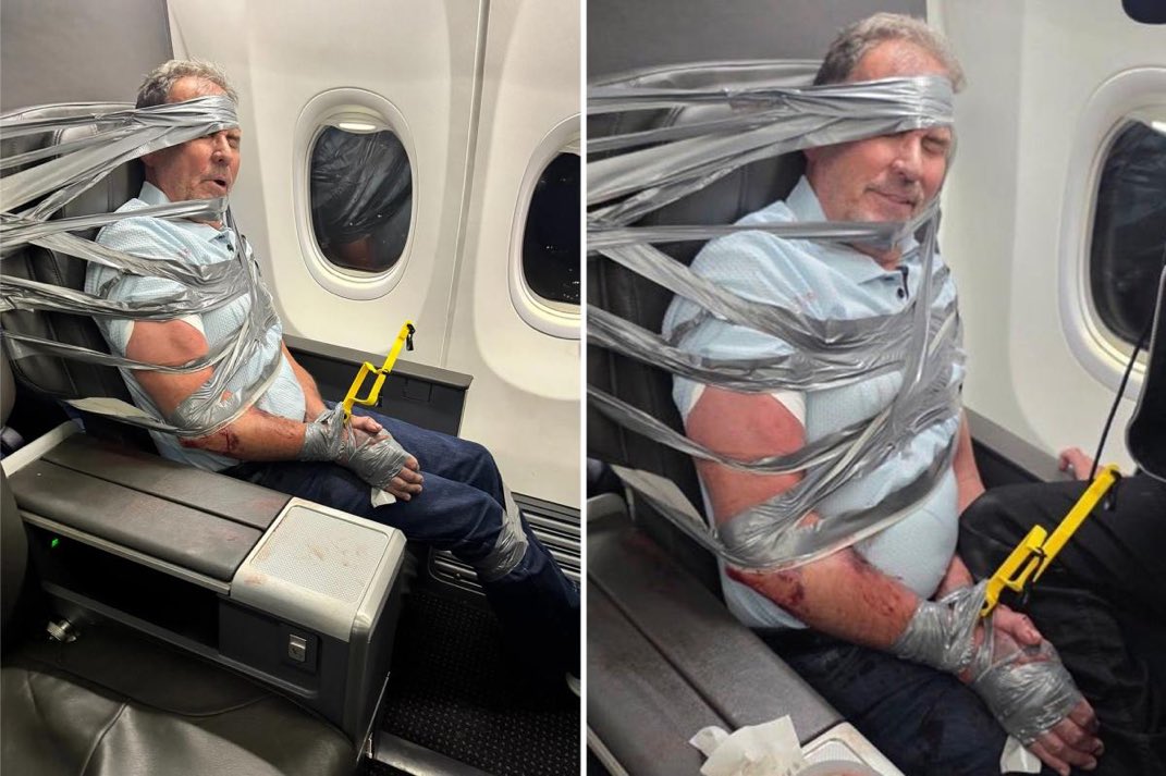 defense_civil25's tweet photo. 🚨Update: Duct-taped airline passenger attacked Christian minister Jonathan Cahn after he begins talking about Jesus!Passenger was possessed by a demon 

There were no ‘rascist outbursts’ he attacked the minister for telling him the Gospel!! https://t.co/km4JxT7YUC