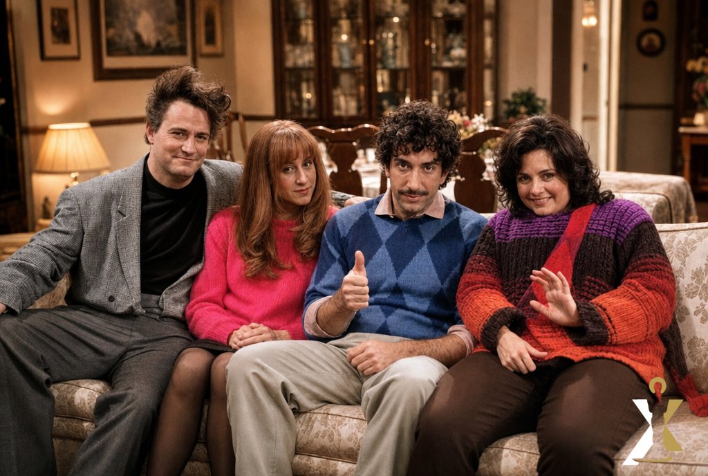 hollywoodboxuk's tweet photo. Matthew Perry, Jennifer Aniston, David Schwimmer and Courteney Cox shot the 1980s flashbacks with wigs, prosthetics and padding — comedy done the hard way. Which Friends flashback still makes you laugh?
#hollywoodbox #matthewperry #friends #aiart #retrotv https://t.co/x7t5utALIb