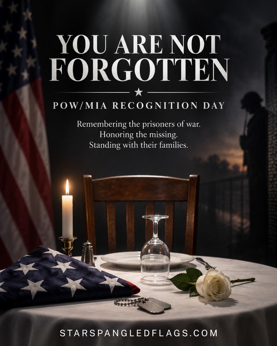ssflags's tweet photo. 🇺🇸 On POW/MIA Recognition Day, we remember the prisoners of war, honor the missing, and stand with the families who never stopped hoping. You are not forgotten. https://t.co/vtq4SZbjBK