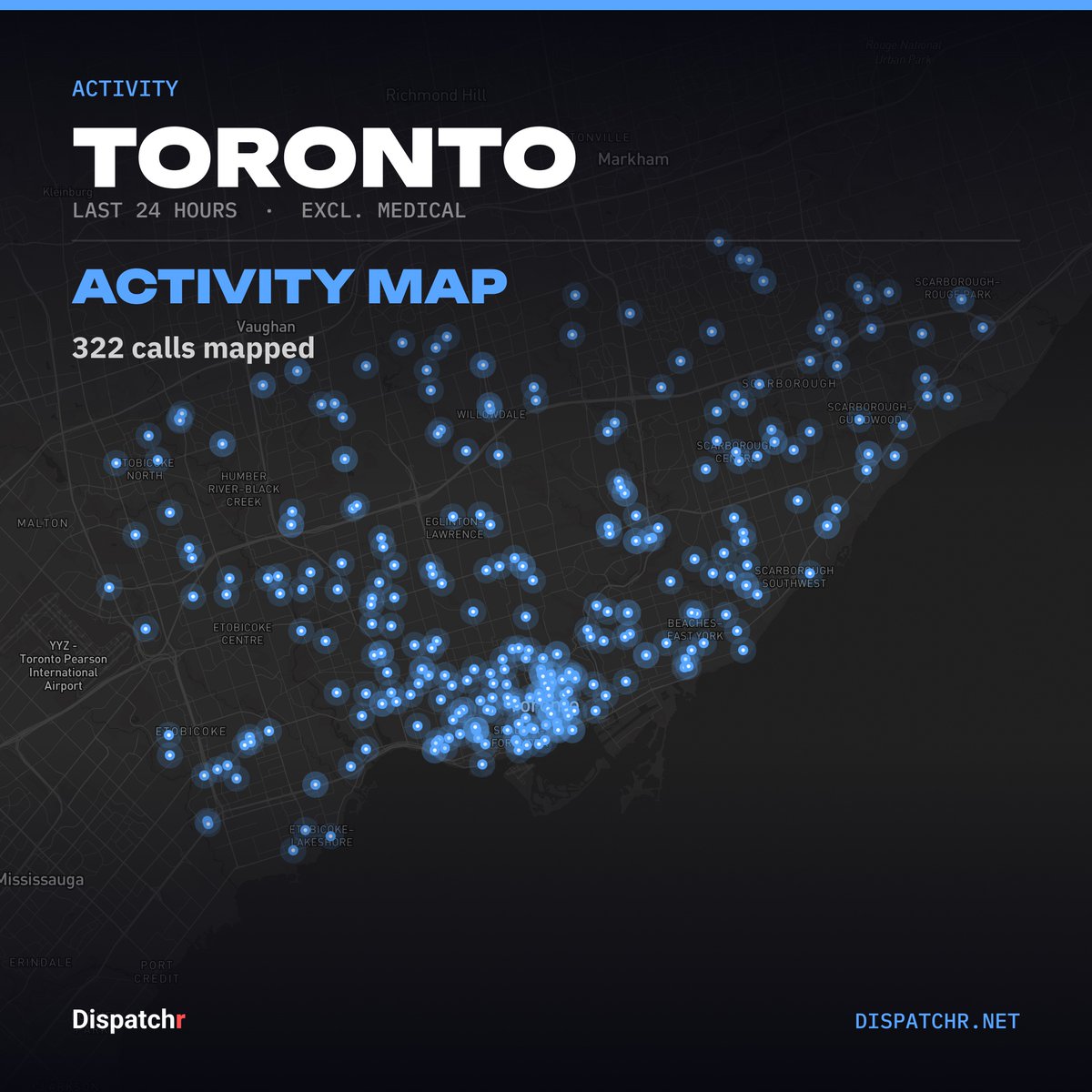 DispatchrTO's tweet photo. Toronto · Last 24 hours (excl. medical)
322 calls mapped across Toronto.
#toronto #dispatchr #publicsafety https://t.co/XdcRTZMthT