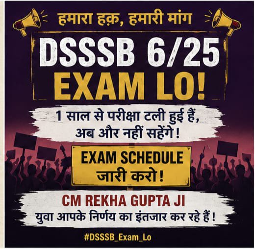 sidharthssrp's tweet photo. @ashishsood_bjp DSSSB TGT Adv. 6/25 की परीक्षा आयोजित करें|
Notification Oct 2025 yet candidates still waiting for exam date. This prolonged delay causing stress and loss of valuable time. 

@dsssbofficial @DoPTGoI @Dir_Education @CMODelhi @gupta_rekha @LtGovDelhi @ashishsood_bjp @LokNiwasDelhi https://t.co/xMNsuI5QId