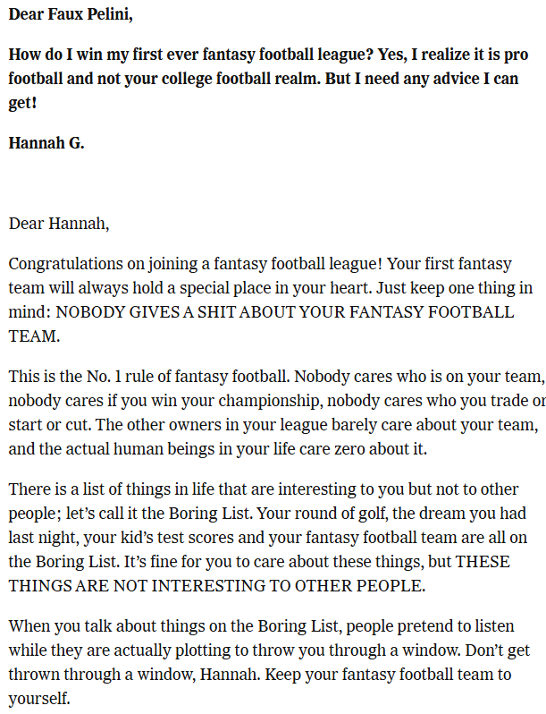 AuburnElvis's tweet photo. @PabloEscoburner "NOBODY GIVES A SHIT ABOUT YOUR FANTASY FOOTBALL TEAM." - @FauxPelini https://t.co/XqvMG54dgr