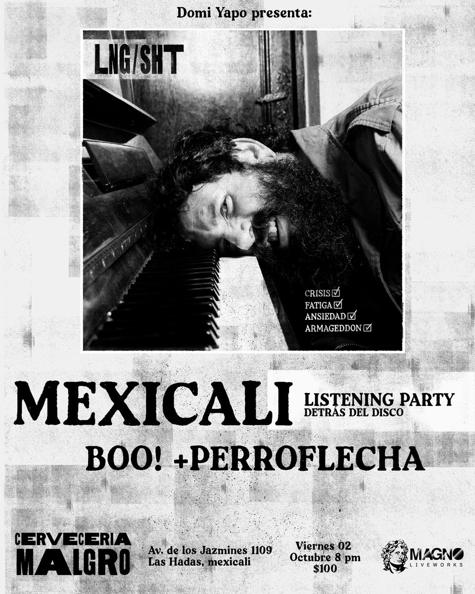 LngSHT's tweet photo. Listening party en BAJA CALIFORNIA

Octubre
1.- Tecate - Licores la Esmeralda
2.-Mexicali - Malgro
4.-Tijuana - Evolution

Boletos https://t.co/ElM9oTxTFf https://t.co/5jgRJuRgHf