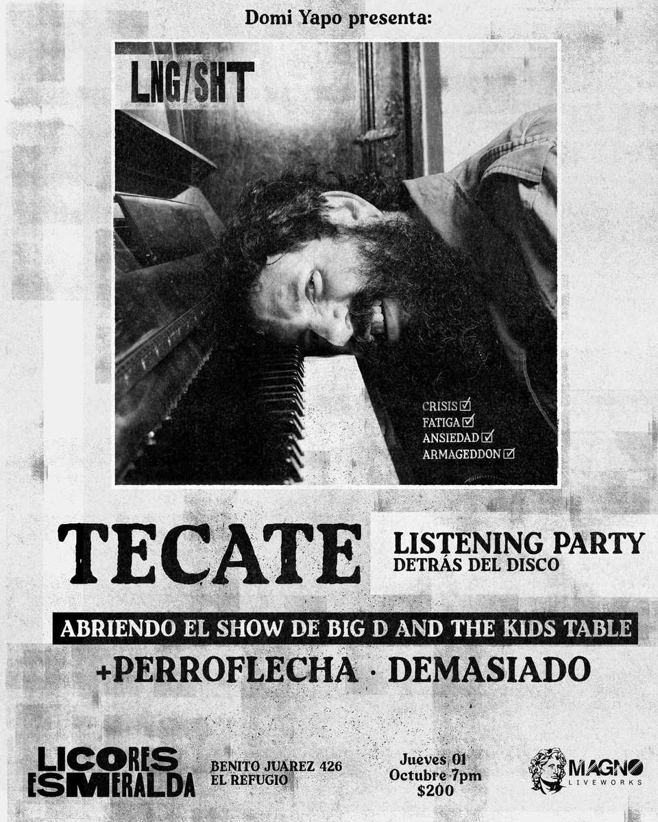 LngSHT's tweet photo. Listening party en BAJA CALIFORNIA

Octubre
1.- Tecate - Licores la Esmeralda
2.-Mexicali - Malgro
4.-Tijuana - Evolution

Boletos https://t.co/ElM9oTxTFf https://t.co/5jgRJuRgHf