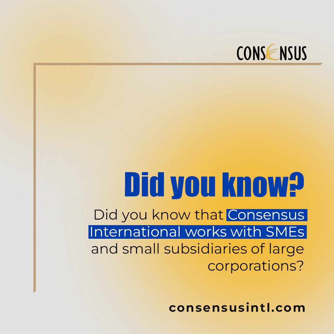 ConsensusIntl's tweet photo. Did You Know?

Did you know that Consensus International works with SMEs and small subsidiaries of large corporations?

Growing businesses need technology that can support today's operations while creating room for tomorrow's growth.

https://t.co/WZ9E9t58dd
#SAPBusinessOne #SME https://t.co/DlEeGSceIw
