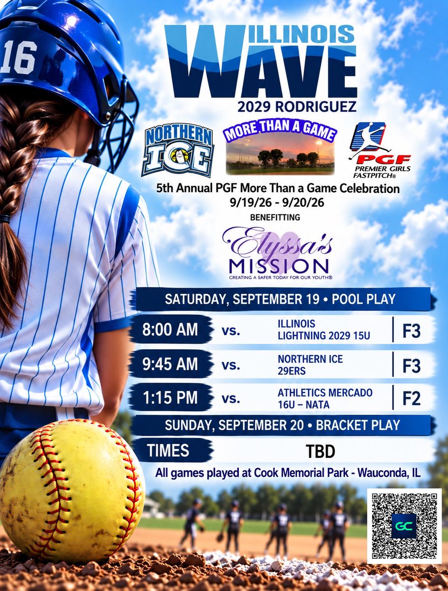 ILWaveRodriguez's tweet photo. MORE THAN A GAME. 🎗️🥎

Competition matters. But our young people matter more. 💙

Illinois Wave 2029 Rodriguez takes the field this weekend for the 5th Annual PGF Northern ICE More Than A Game Celebration at Cook Memorial Park in Wauconda! (600 N Main St, Wauconda, IL 60084)

The Wave begins pool play Saturday, September 19, competing for something bigger than softball—raising awareness and funds for Elyssa’s Mission and its vital youth mental health and suicide prevention programs.

Come out, support the cause, and cheer on the Wave! 🙌🥎🌊

#IllinoisWave #WeNotMe #MoreThanAGame #ElyssasMission #YouthMentalHealth #SuicidePrevention #PGFSoftball
