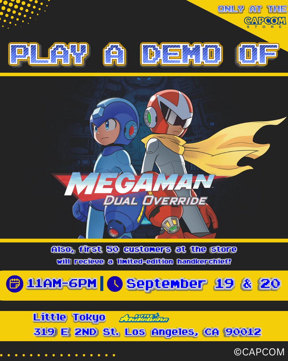 littleakiba_LA's tweet photo. POWER UP👾☄️ and play the new Mega Man: Dual Override Demo available at the CAPCOM Store Pop-Up
September 19 & 20 for a limited time only (11am-6pm, Game Demo Hours)‼️
#CAPCOMpopup #LittleTokyo #CAPCOM #MegaMan https://t.co/PrpRkPdksH