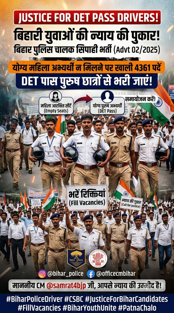 BIKRAMKUMAes's tweet photo. माननीय CM @samrat4bjp जी, @bihar_police चालक सिपाही भर्ती (Advt 02/2025) के 4361 पदों में योग्य महिला अभ्यर्थी न मिलने पर खाली रह जाने वाली सीटों को DET पास पुरुष छात्रों से भरा जाए। आपसे न्याय की उम्मीद है। #BiharPoliceDriver #CSBC @officecmbihar https://t.co/tbRsgud2p9