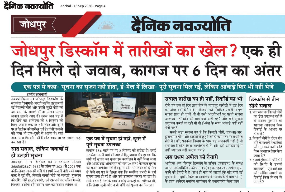 RamdevSajanani's tweet photo. जोधपुर डिस्कॉम में तारीखों का खेल ? एक ही दिन मिले दो जवाब, कागज पर 6 दिन का अंतर

एक पत्र में कहा- सूचना का सृजन नहीं होता, ई-मेल में लिखा- पूरी सूचना मिल गई, लेकिन आंकड़े फिर भी नहीं भेजे @rtiindia @ccc_jdvvnl @RajCMO
@RajGovOfficial https://t.co/jd8Hzj2gLE