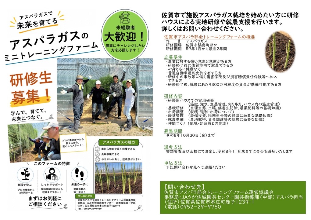 saga_agri's tweet photo. アスパラガスミニトレーニングファーム研修生大募集！
研修場所：佐賀市鍋島町ほか
研修期間：令和９年１月から最長２年間
応募締切：令和８年１０月３０日（金）
問い合わせ先　　　JA さが佐城園芸センター
TEL：０９５２—２９—９７５０
＃アスパラガス　＃佐賀市　＃就農　＃トレーニングファーム https://t.co/47274XoAfI