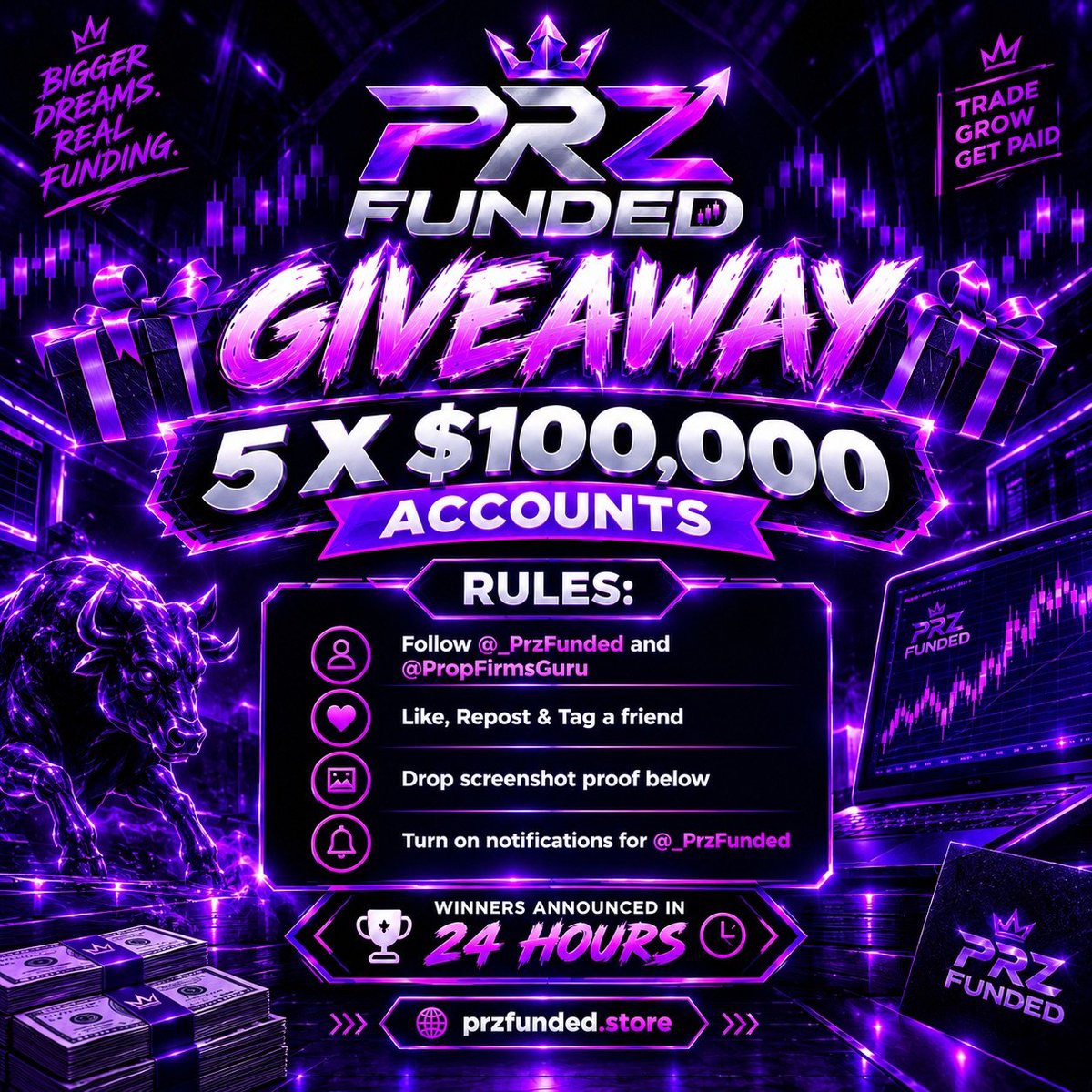 PropFirmsGuru's tweet photo. 🎊Giveaway alert 🎊

A New Firm Just Dropped  $500K Giveaway.

$500,000 in funded accounts reserved exclusively for our community.

5 winners × $100,000 accounts

To enter:

Follow
@_PrzFunded
@PropFirmsGuru (my account)

Like this post.
repost.
tag a friend.
One entry per person.
No multiple accounts.

Join our Discord link in Bio.

Drop a screenshot below as proof of entry.

Turn on notifications for @_PrzFunded

Winners announced in 24 hours.

Good luck.