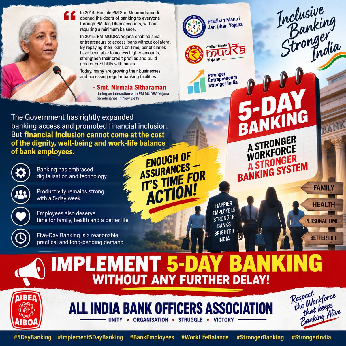 AIBOAOFFICIAL's tweet photo. Financial inclusion has transformed banking, but the workforce powering this transformation deserves dignity, family time and work-life balance.

Enough of assurances. Implement 5-Day Banking without further delay!

5-Day Banking Now! ✊

#5DayBanking #WorkLifeBalance https://t.co/4VnRApYRH6
